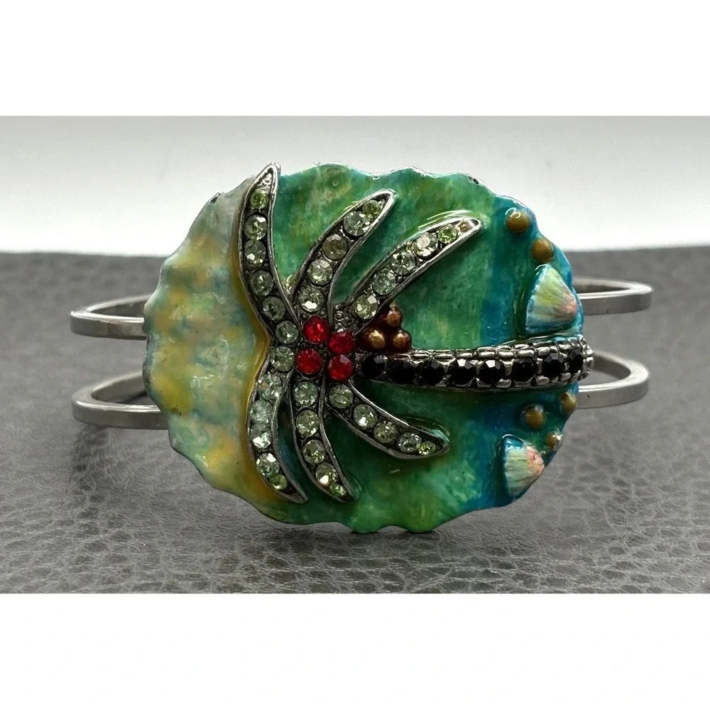 Vintage Tropical Palm Tree Clamper Bangle Enamel Rhinestone Beach Bracelet 7.5